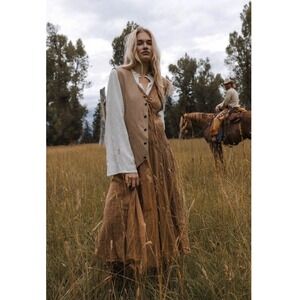 Scully Western Boho Brown Cotton Embroidered Lace Trim Maxi Dress Womens Small
